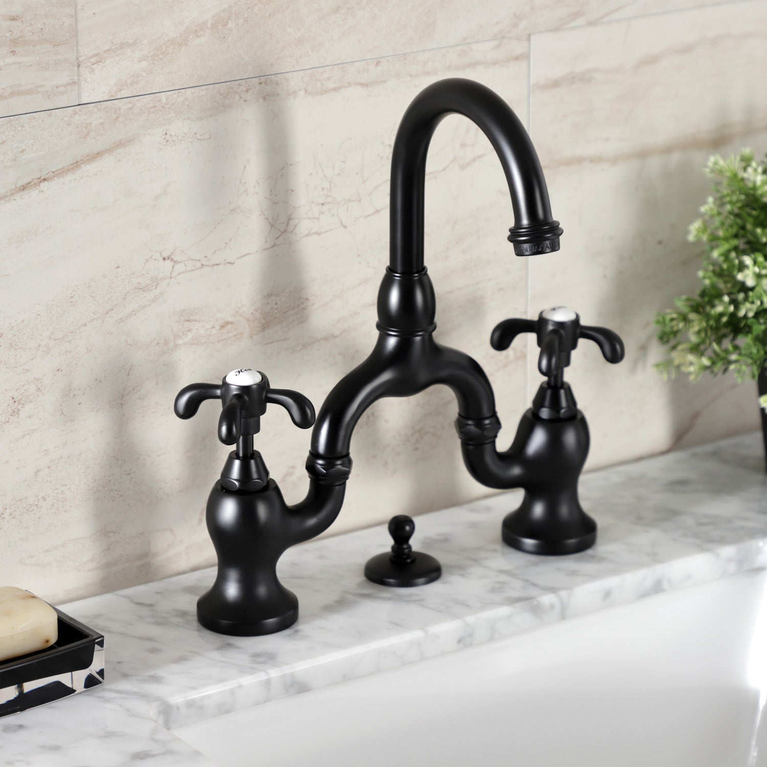Kingston Heirloom KS7990TX - French Country Two-Handle 3-Hole Deck Mount Bridge Bathroom Faucet with Brass Pop-Up, Matte Black — thumbnail 2